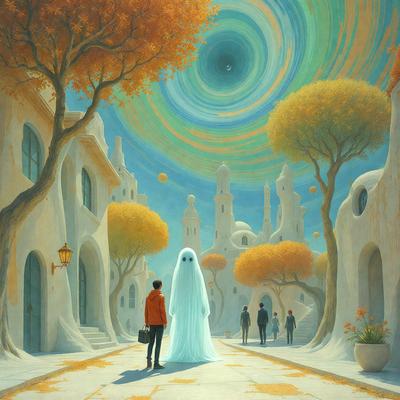 The primary subject of the image is a ghostly figure, possibly a woman, walking down a street in a city. The setting is a cityscape with buildings and trees in the background. The visual style is a painting, which gives the scene a surreal and artistic atmosphere. The colors are predominantly muted, with a focus on shades of gray, white, and orange. The overall mood of the image is mysterious and intriguing.